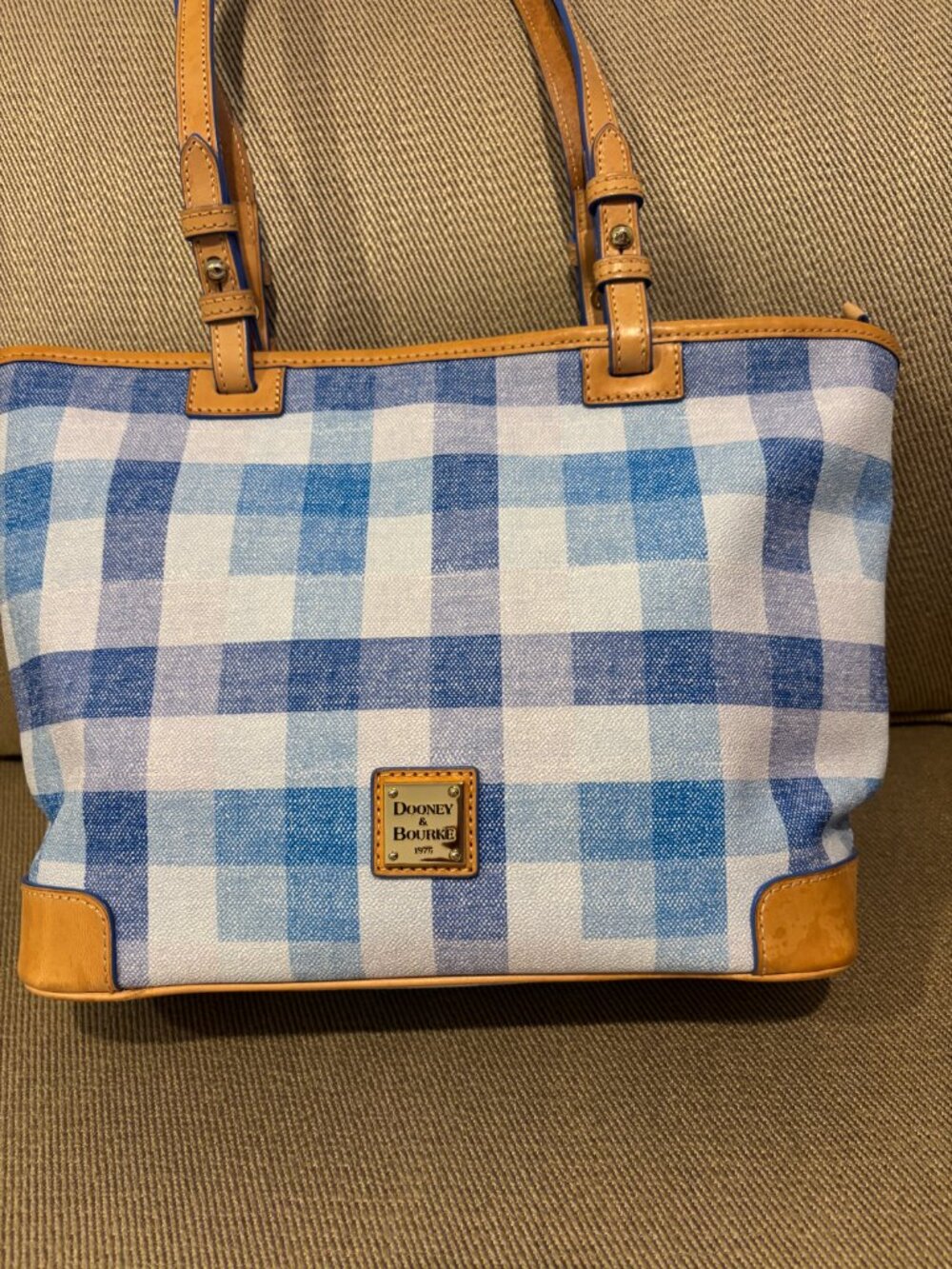 Dooney & Bourke Quadretto Small Leisure Shopper Blue Check Coated Cotton - Picture 2 of 8